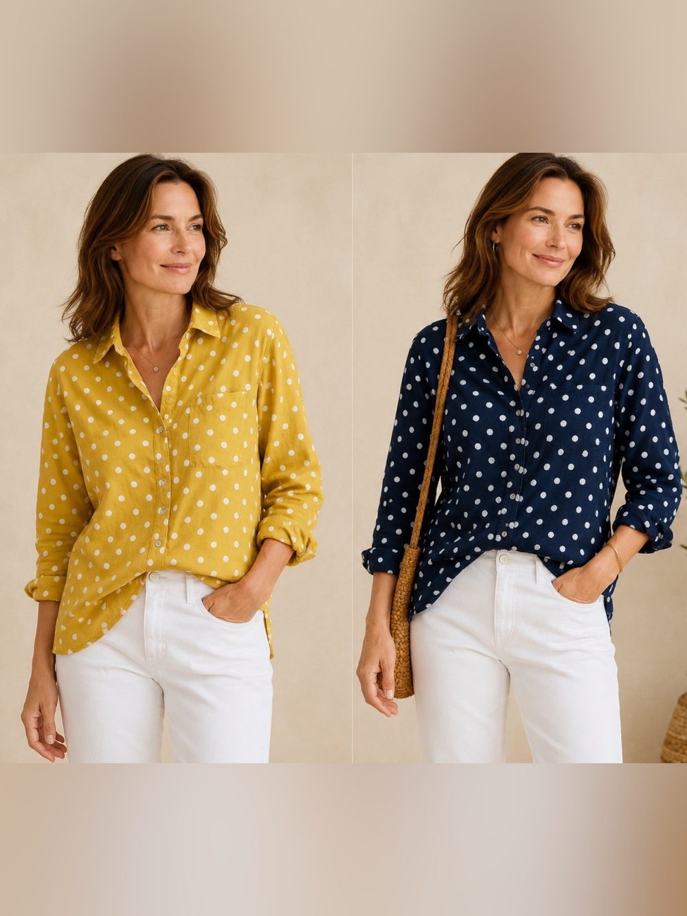 J. Jill 100% Cotton Polka Dot Button-Up Shirt Yellow & Navy Bundle Size Small